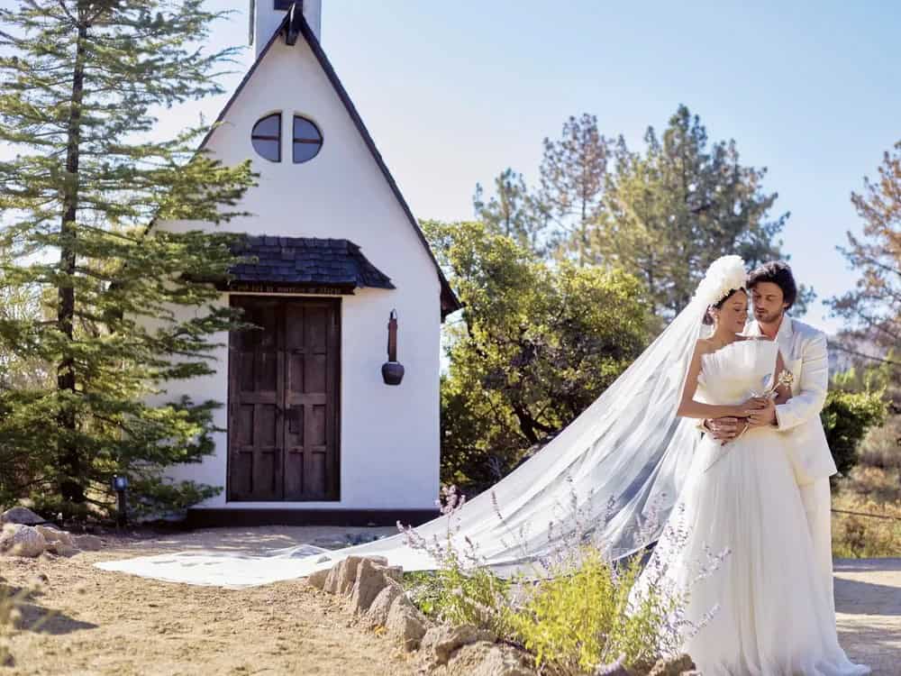 Bride and groom at Chalet Tournesol during wedding celebration.