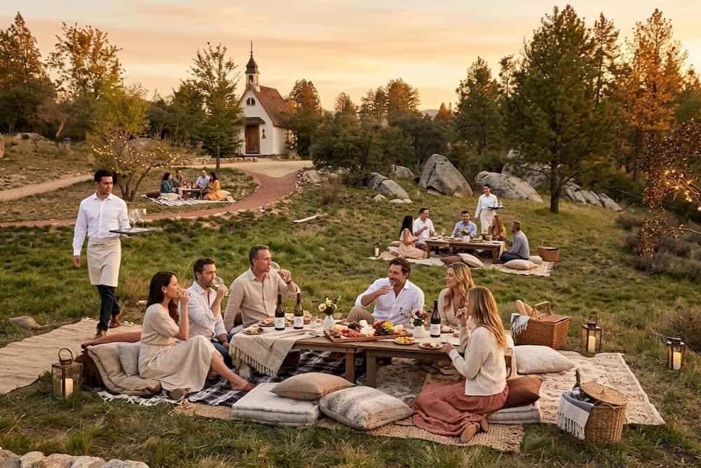 Outdoor gathering at Chalet Tournesol with friends and family in a scenic natural setting.
